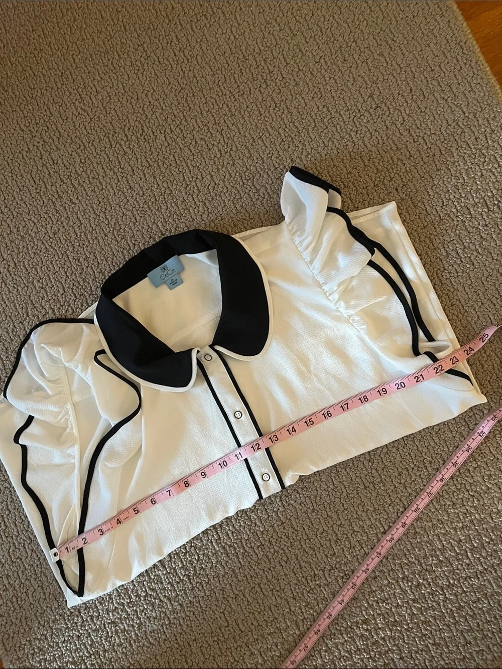 CeCe White Button-Down Blouse with Black Collar and Trim